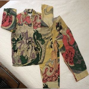 Citron Santa Monica Set 2pc Capri/Long Shorts Geisha Dragon 3/4 Sleeves XS